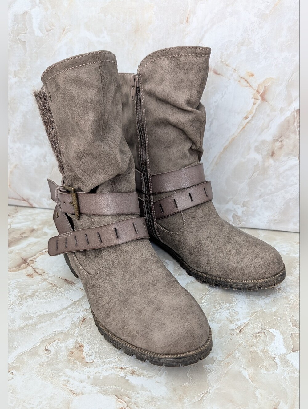 Jellypop Taupe Slouch Lace-Up Buckle Mid-Calf Boots Woman's Sz 8.5M